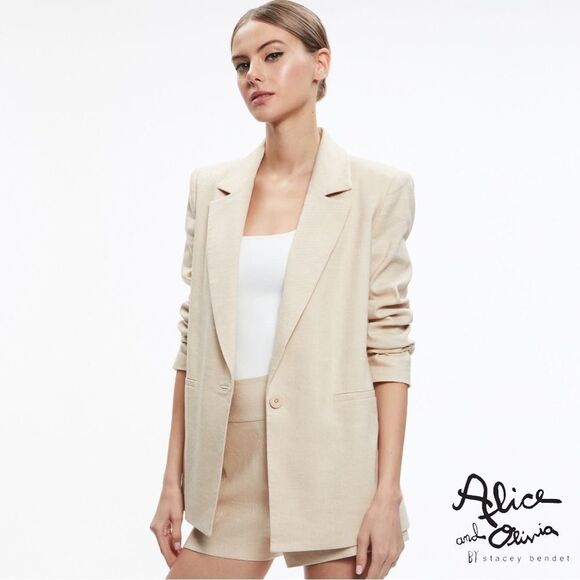 Alice + Olivia **NWT** Denny Linen Blend Boyfriend Blazer in Natural - Picture 1 of 7